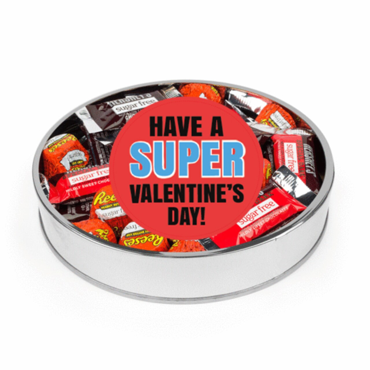 Valentine's Day Sugar Free Candy Gift Tin for Kids Large Plastic Tin with Sticker and Hershey's Chocolate & Reese's Mix - Super Hero